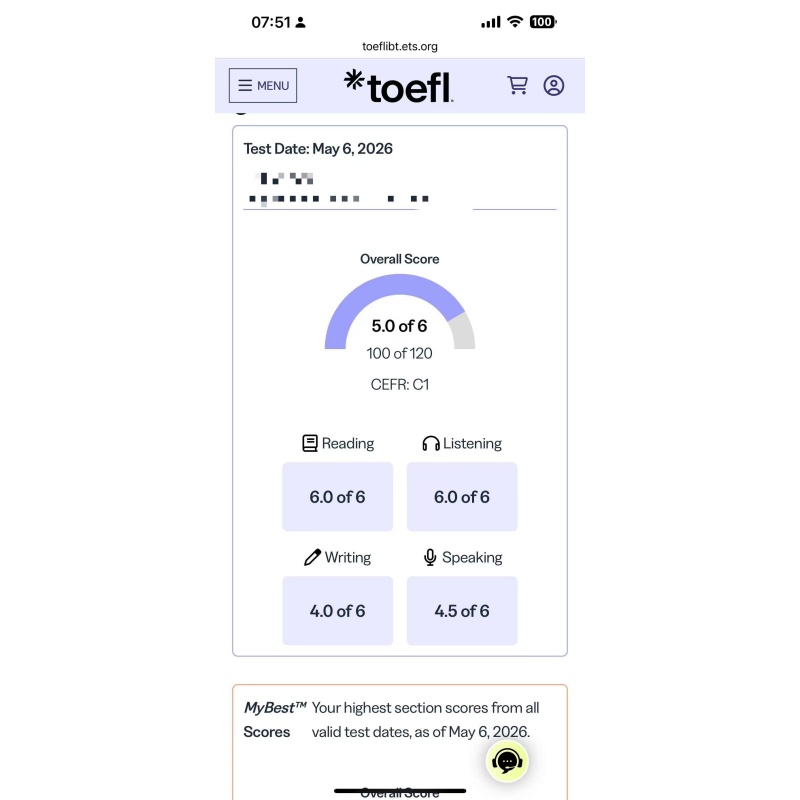 沈阳某同学托福替考出5.0分