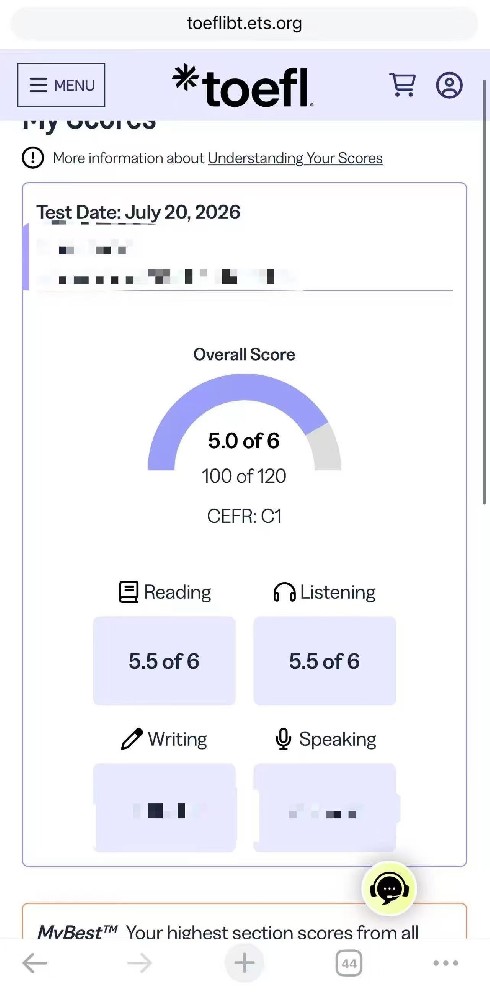 浙江某同学托福面授出5.0分