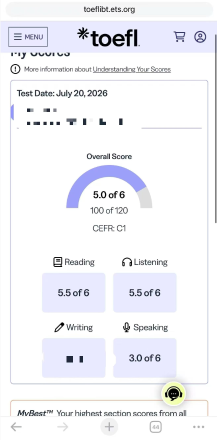 青岛某同学托福保分保过出5.0分
